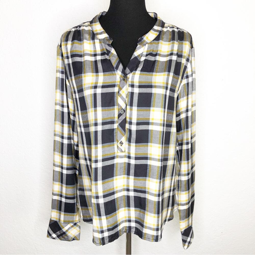 Michael Stars black white and yellow gold plaid popover top size Large